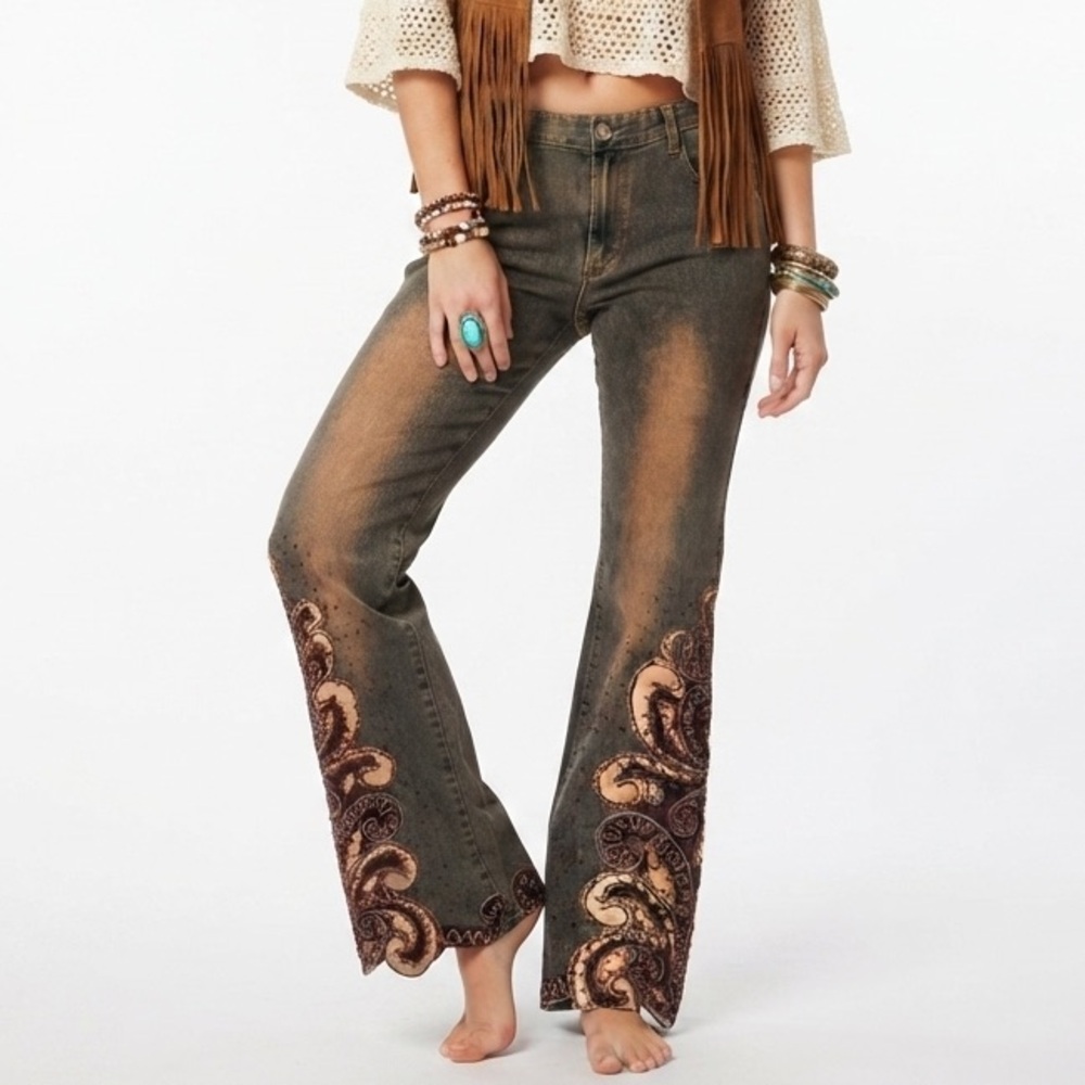Boho Y2K Retro Revival Paisley Embroidered Scallop Flare Denim Jean Festival 70s